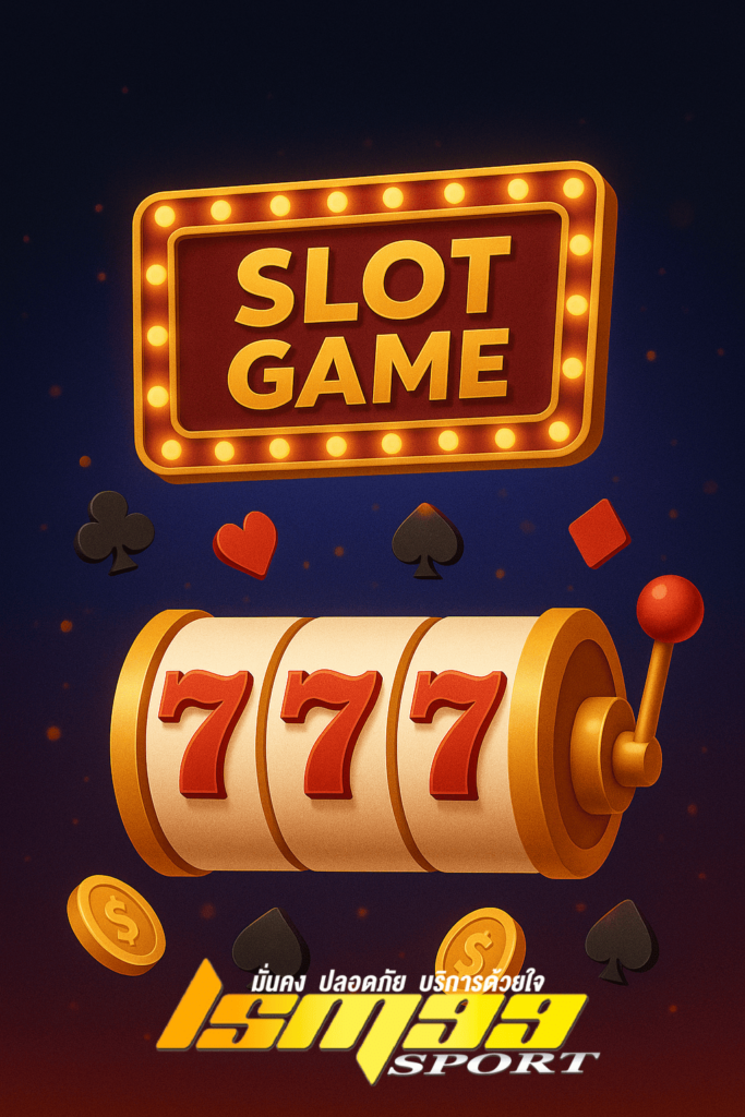 ภาพเกมสล็อตแมชชีนโชว์เลข 777 พร้อมป้าย SLOT GAME สีทอง มีไฟล้อมรอบ พื้นหลังมืดมีเหรียญและสัญลักษณ์ไพ่ลอยอยู่ สื่อถึงความสนุกและโอกาสชนะรางวัลในสล็อตออนไลน์ ในเว็บ lsm99sport