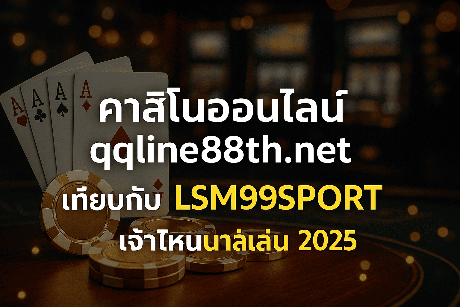 ภาพโปรโมตคาสิโนออนไลน์แนวเปรียบเทียบเว็บ qqline88th.net กับ LSM99SPORT มีฉากโต๊ะเดิมพัน ชิป และมือถือ แสดงความน่าเชื่อถือของเว็บตรงปี 2025