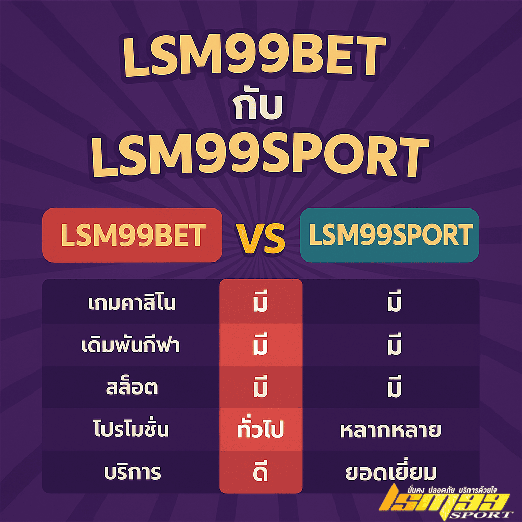 ตารางเปรียบเทียบ LSM99BET กับ LSM99SPORT แสดงความแตกต่างด้านคาสิโน สล็อต โปรโมชั่น และบริการ