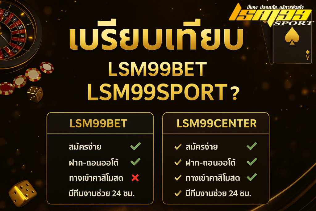 อินโฟกราฟิกเปรียบเทียบ LSM99CENTER และ LSM99SPORT บนพื้นหลังโทนคาสิโนสีทอง-ดำ แสดงข้อมูลสมัคร ฝากถอนออโต้ ทางเข้าเกม ทีมงานบริการ 24 ชม. พร้อมปุ่มสมัครเลย