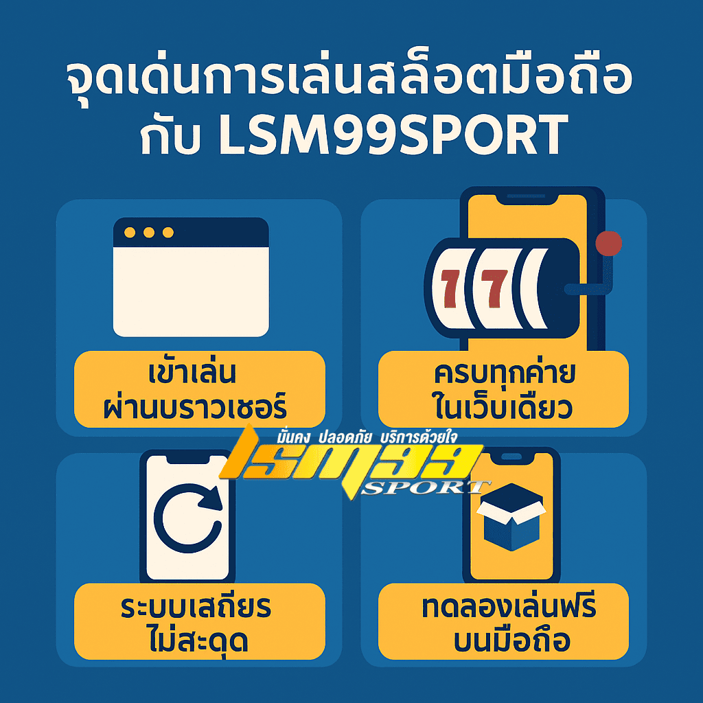 อินโฟกราฟิกจุดเด่นการเล่นสล็อตมือถือกับ LSM99SPORT แสดง 4 จุดเด่น ได้แก่ เข้าเล่นผ่านเบราว์เซอร์ ครบทุกค่ายในเว็บเดียว ระบบเสถียรไม่สะดุด และทดลองเล่นฟรีบนมือถือ พร้อมไอคอนประกอบบนพื้นหลังสีฟ้า lsm99sport